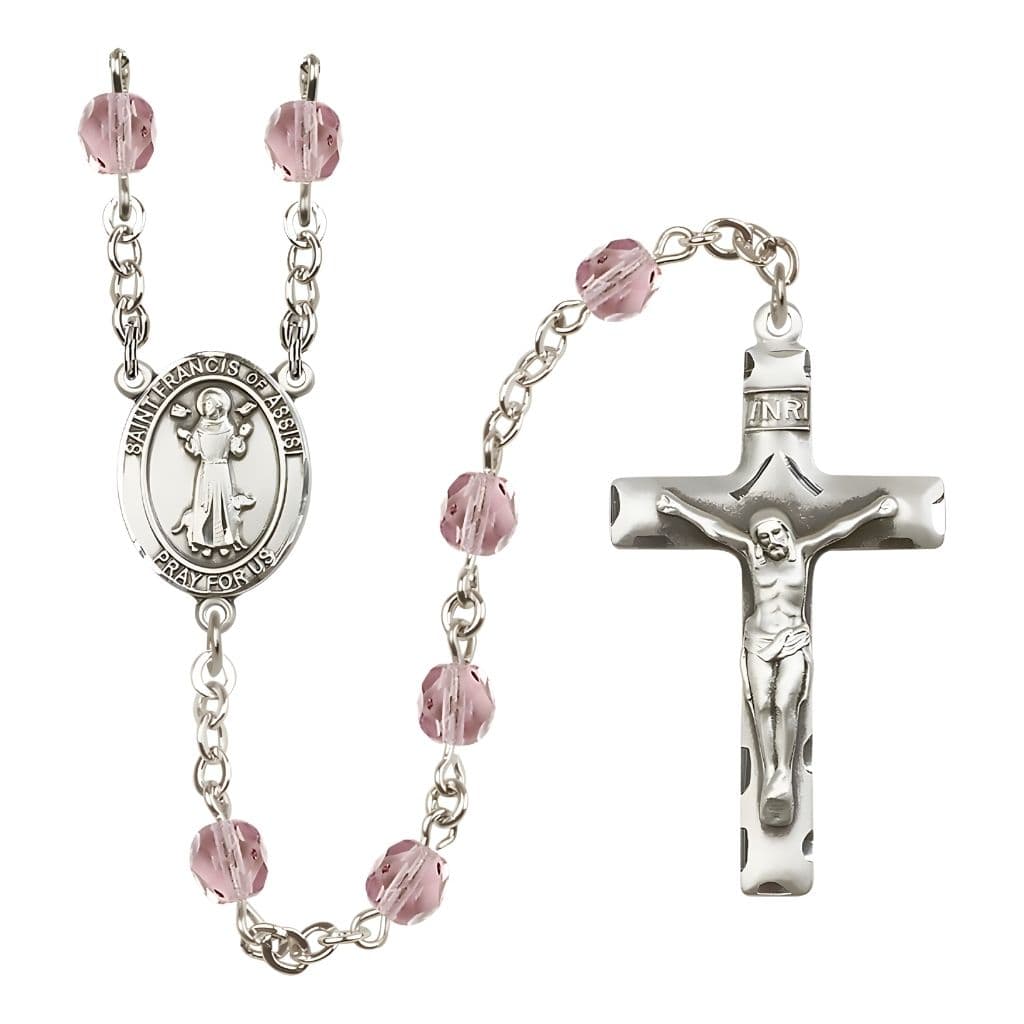 St. Francis of Assisi Light Amethyst 6mm Fire Polished Birthstone Engravable Silver-plated Rosary with Pewter Centerpiece and Crucifix, USA Made