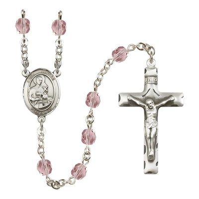St. Gerard Majella Engravable Rosary with Pewter Crucifix and Centerpiece, Birthstone 6mm Fire Polished Light Amethyst Beads for June, Bliss Manufacturing