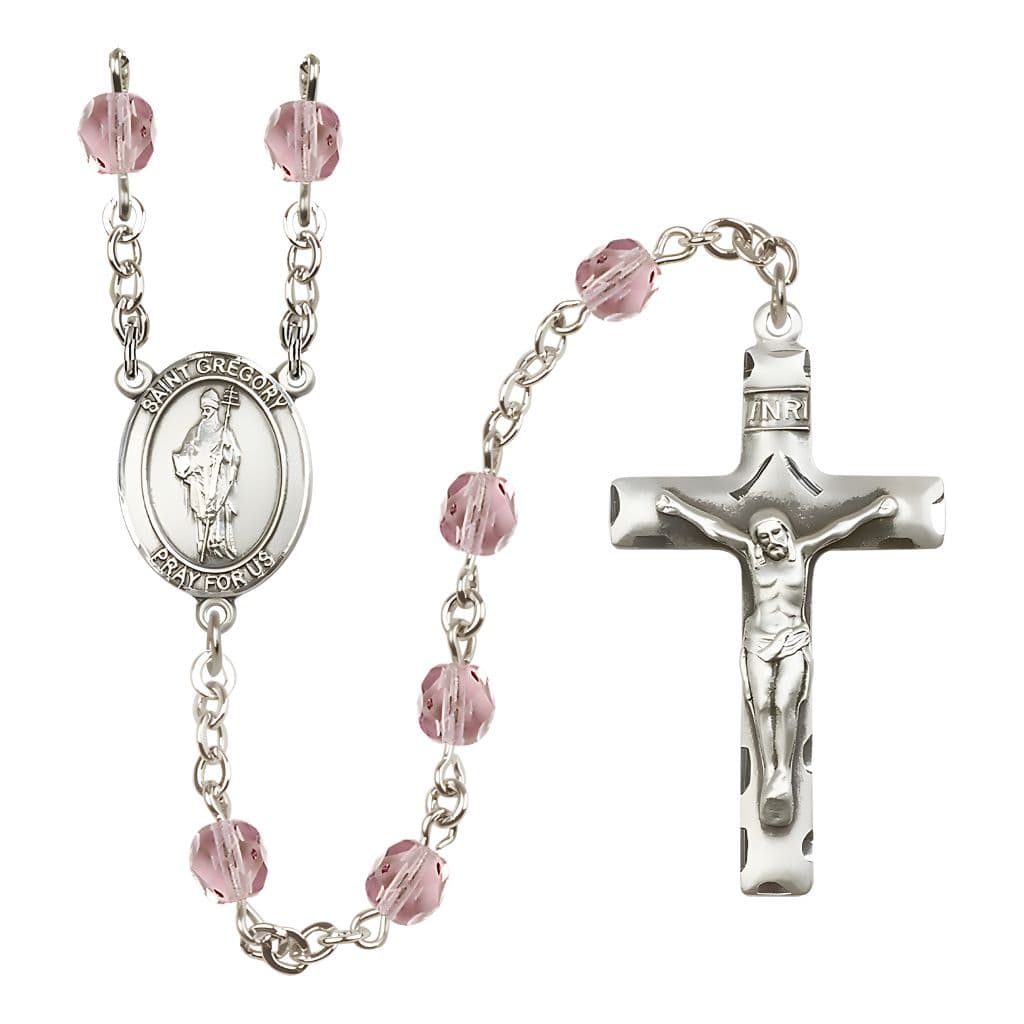 Bliss St. Gregory the Great Engravable Rosary with Pewter Crucifix and Centerpiece, Birthstone 6mm Fire Polished Light Amethyst Beads for June