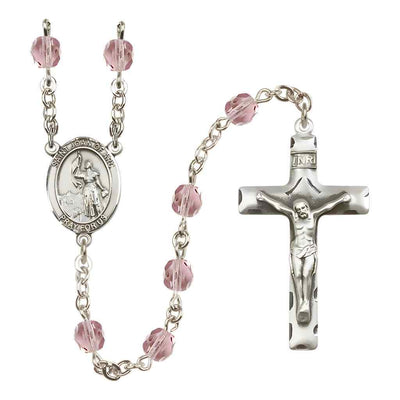 Saint Joan of Arc Silver-plated Rosary with Pewter Crucifix and Centerpiece, Birthstone 6mm Fire Polished Light Amethyst Beads for June