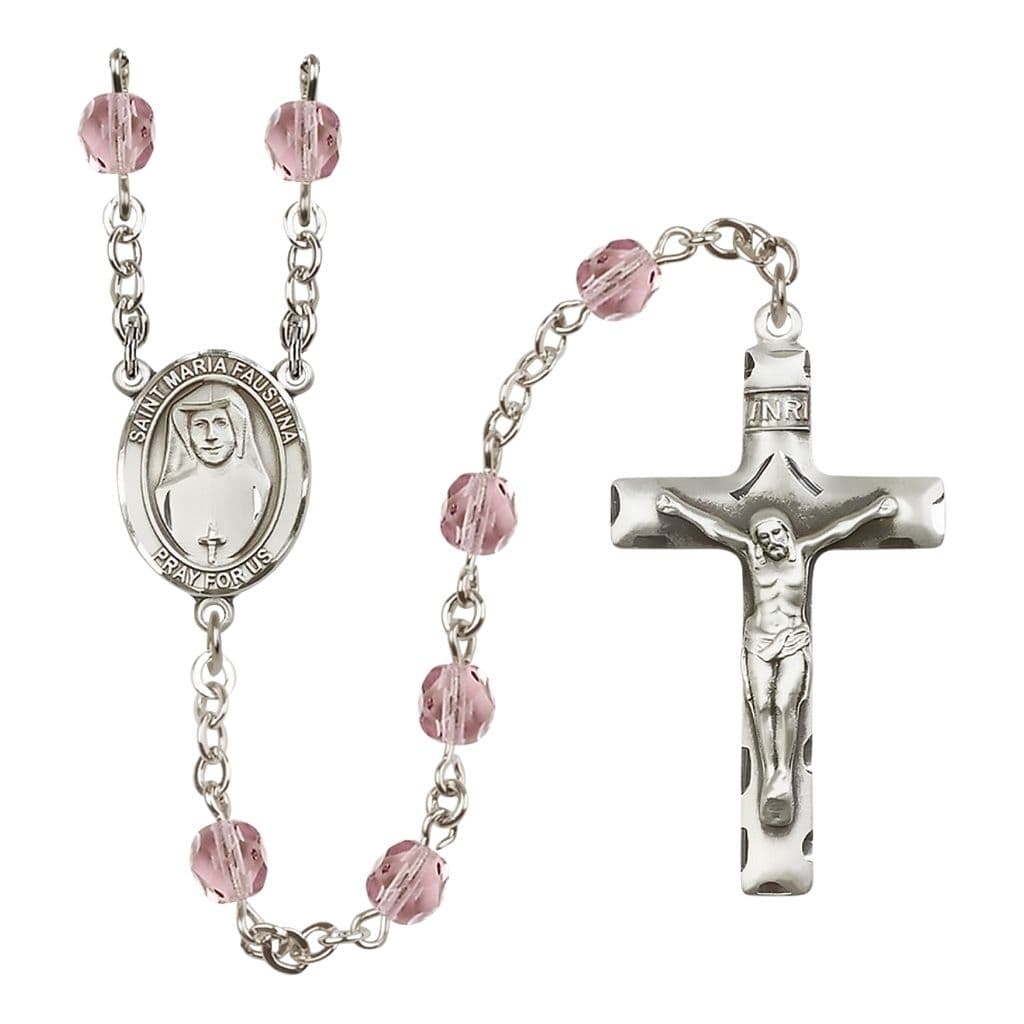 Bliss St. Maria Faustina Engraved Birthstone 6mm Light Amethyst Fire Polished Silver-plated Rosary with Pewter Centerpiece and Crucifix,