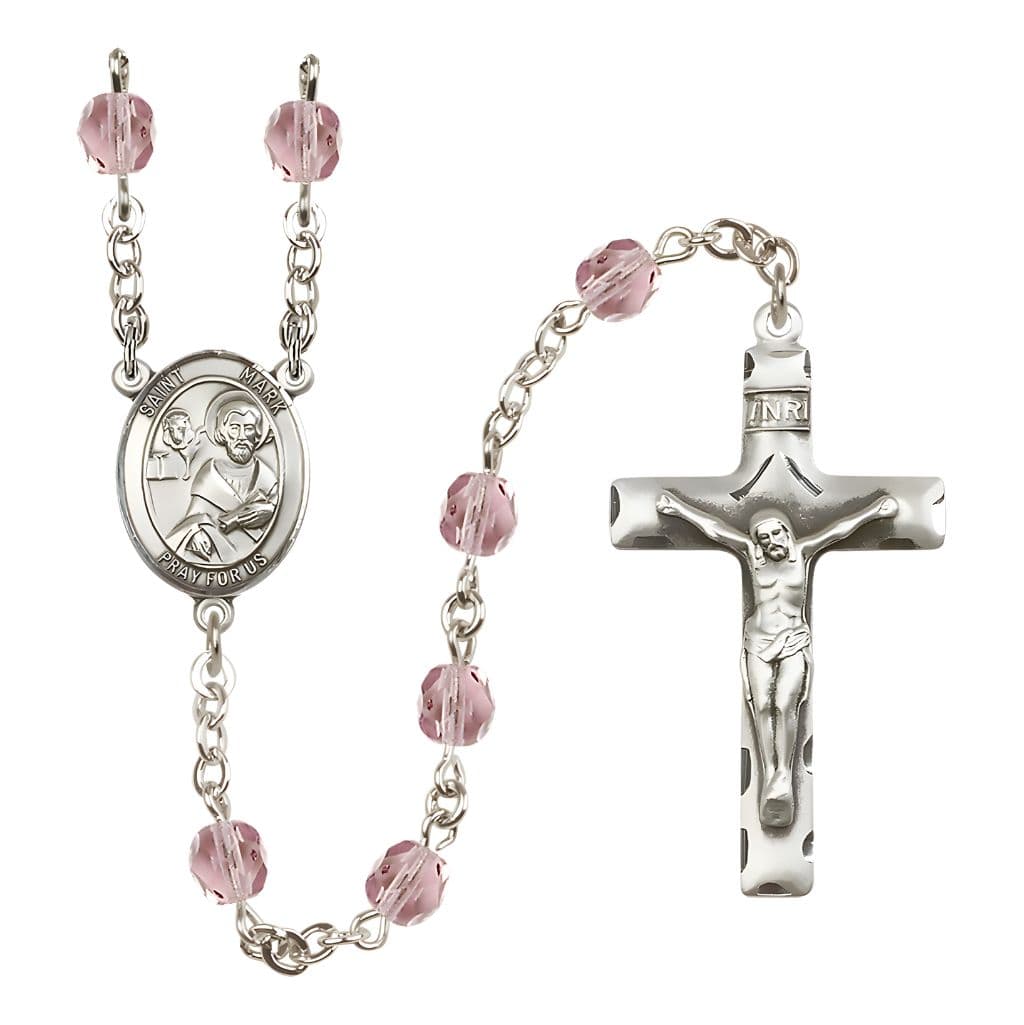 Bliss St. Mark the Evangelist Engravable Rosary with Pewter Crucifix and Centerpiece, Birthstone 6mm Fire Polished Light Amethyst Beads for June