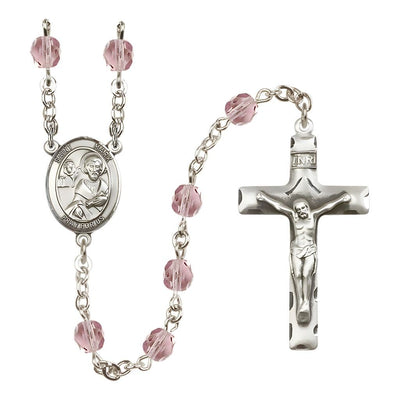 St. Mark the Evangelist Engravable Rosary with Pewter Crucifix and Centerpiece, Birthstone 6mm Fire Polished Light Amethyst Beads for June, Bliss Manufacturing