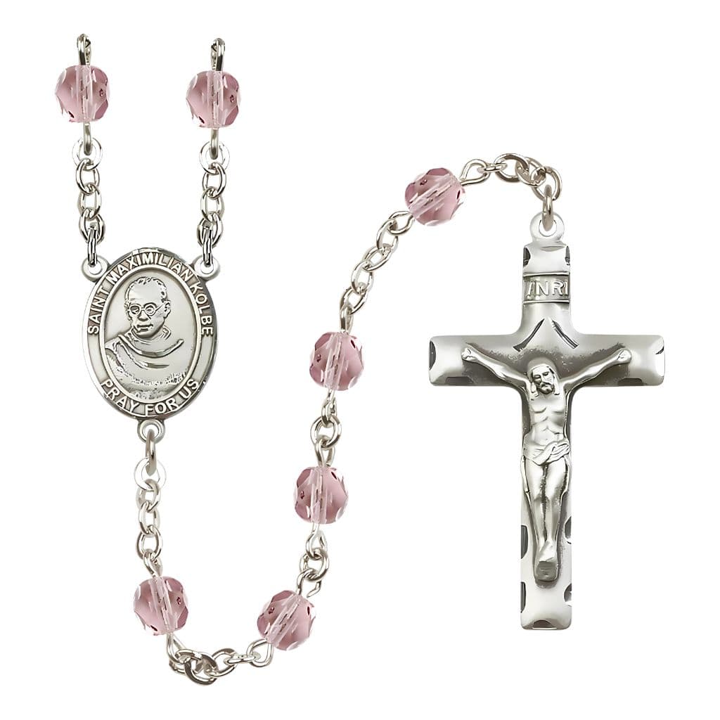 St. Maximilian Kolbe Birthstone Fire Polished Rosary with 6mm Light Amethyst Beads and Pewter Center and Crucifix,
