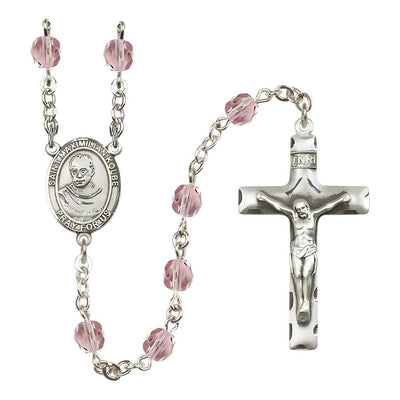 St. Maximilian Kolbe Birthstone Fire Polished Rosary with 6mm Light Amethyst Beads and Pewter Center and Crucifix, Bliss Manufacturing