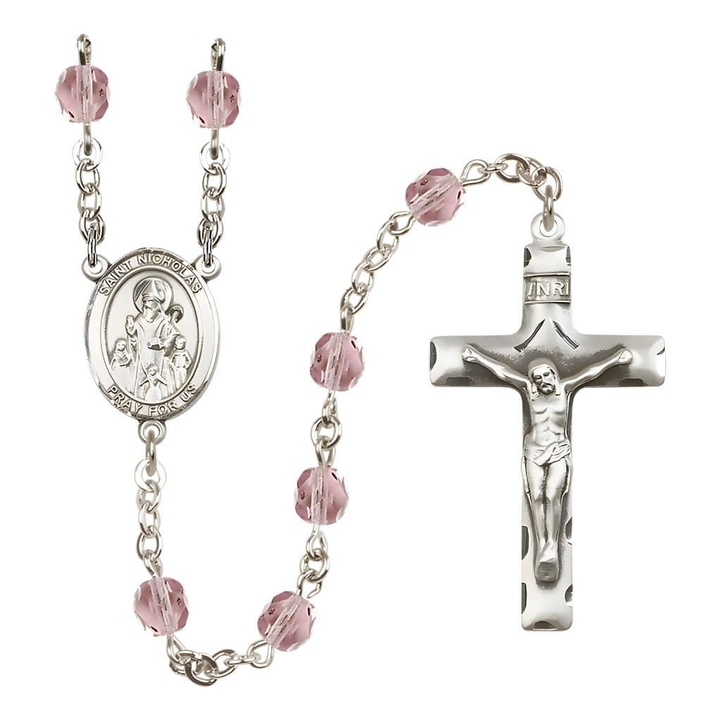 Bliss St. Nicholas Engravable Rosary with Pewter Centerpiece and Crucifix, June Birthstone 6mm Light Amethyst Fire Polish Beads