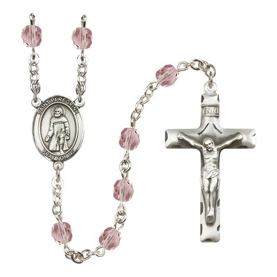 St. Peregrine Laziosi Engravable Rosary with Pewter Crucifix and Centerpiece, Birthstone 6mm Fire Polished Light Amethyst Beads for June, Bliss Manufacturing