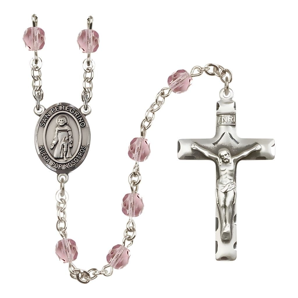Bliss Spanish San Peregrino Engravable Rosary with Pewter Crucifix and Centerpiece, Birthstone 6mm Fire Polished Light Amethyst Beads for June