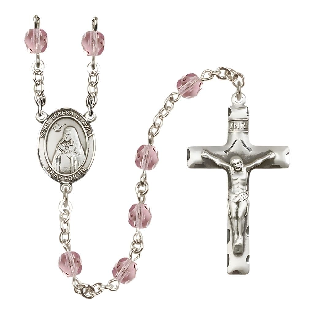 Bliss St. Teresa of Avila Engraved Birthstone 6mm Light Amethyst Fire Polished Rosary with Pewter Centerpiece and Crucifix