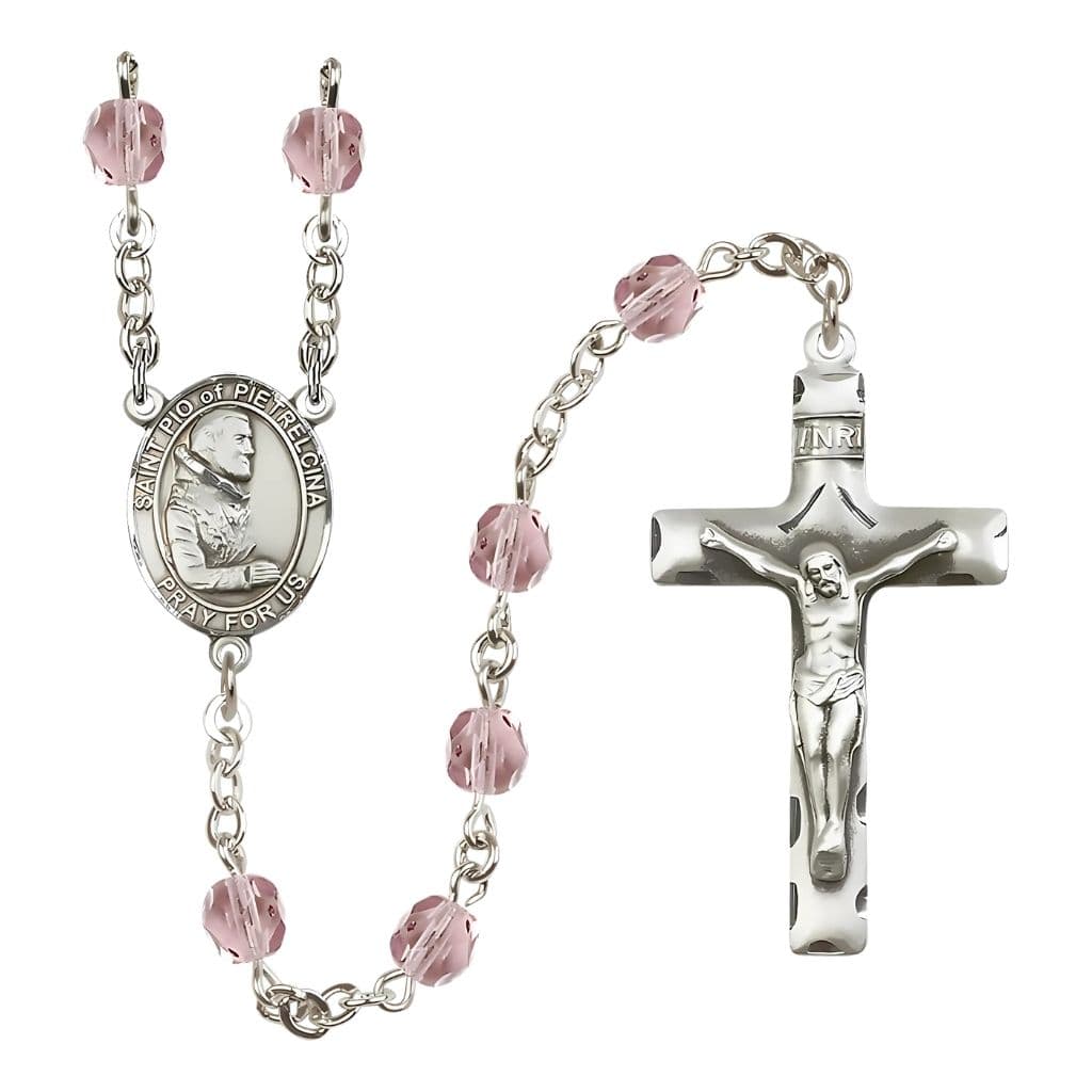 Bliss St. Padre Pio of Pietrelcina Engraved Birthstone Light Amethyst Fire Polished Rosary