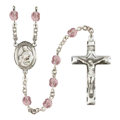 St. Agnes of Rome Silver-plated Rosary with Pewter Crucifix and Centerpiece, Birthstone 6mm Fire Polished Light Amethyst Beads for June