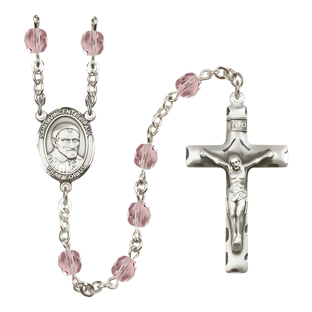 Bliss St. Vincent de Paul Engravable Rosary with Pewter Crucifix and Centerpiece, Birthstone 6mm Fire Polished Light Amethyst Beads for June