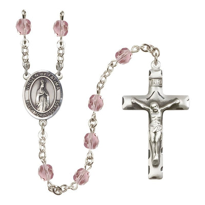 Spanish Virgen de Fatima Engravable Rosary with Pewter Crucifix and Centerpiece, Birthstone 6mm Fire Polished Light Amethyst Beads for June, Bliss Manufacturing