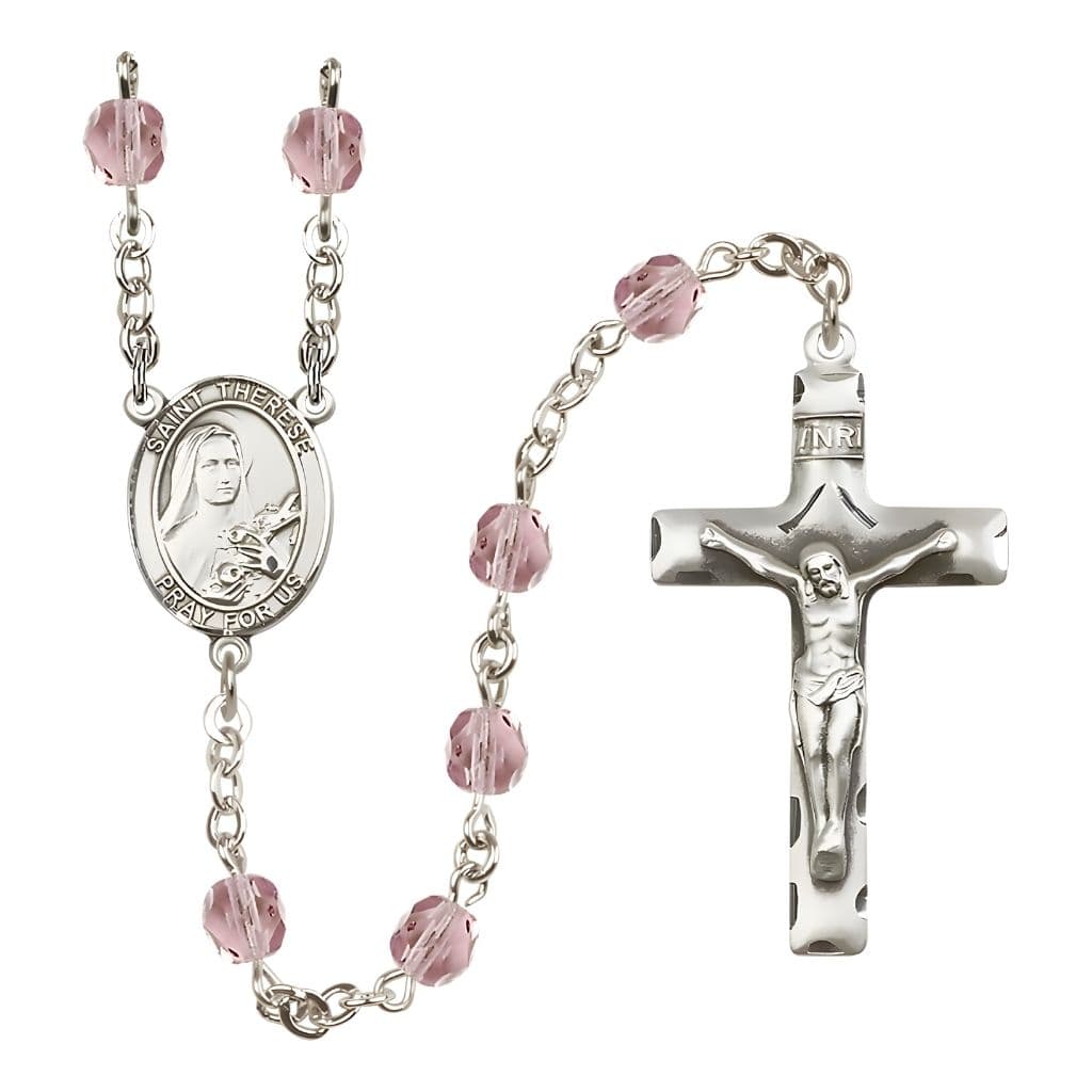 Bliss St. Therese of Lisieux Engraved Birthstone 6mm Light Amethyst Fire Polished Rosary with Pewter Crucifix and Centerpiece