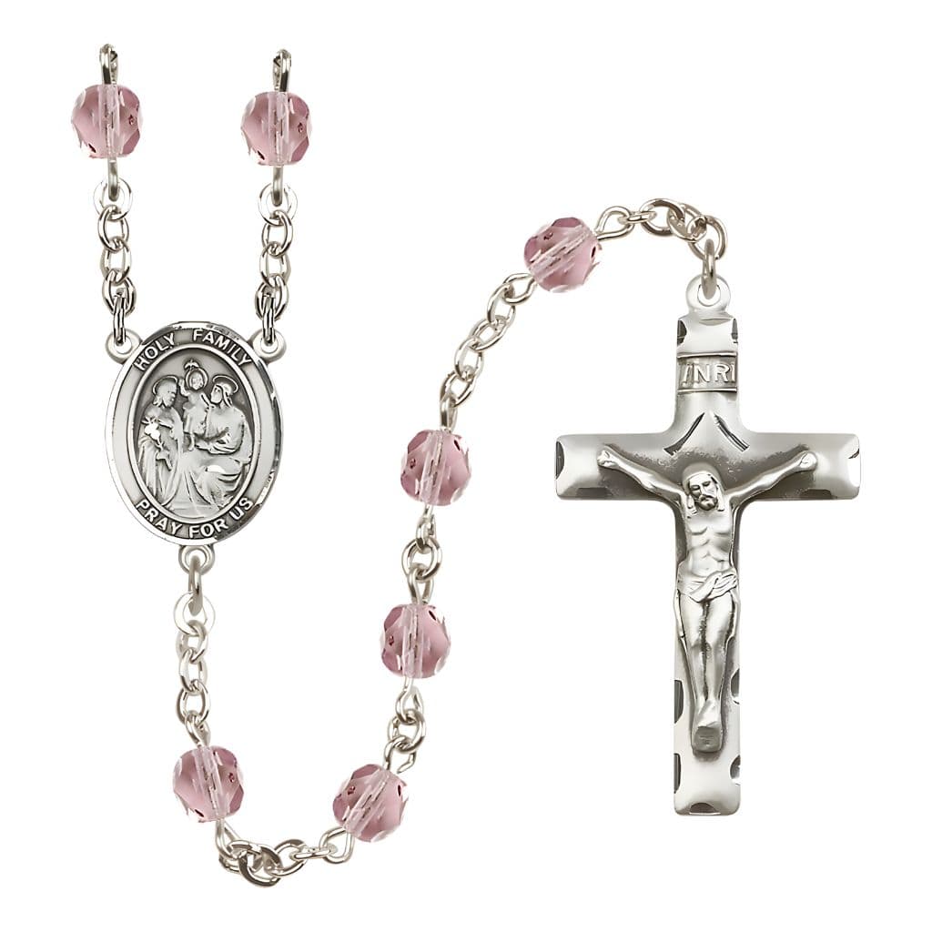 Bliss Holy Family Engravable Rosary with Pewter Crucifix and Centerpiece, Birthstone 6mm Fire Polished Light Amethyst Beads for June