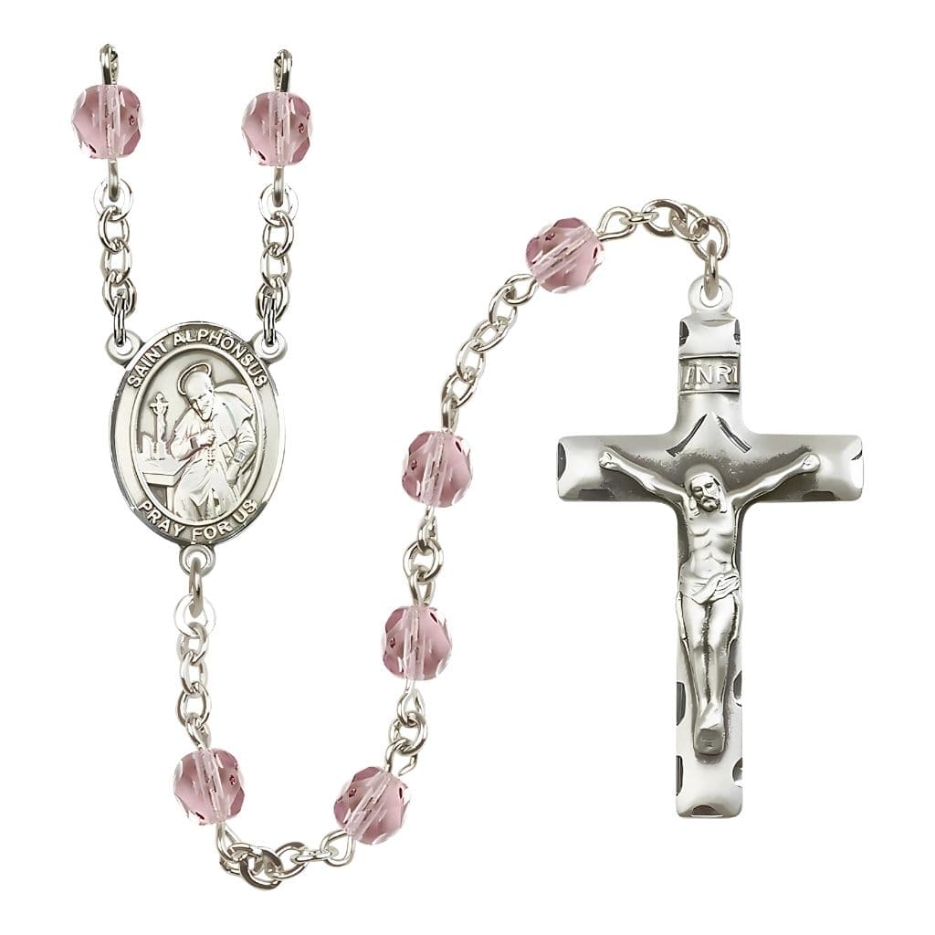 Bliss St. Alphonsus Maria de Liguori June Birthstone 6mm Light Amethyst Fire Polished Rosary with Pewter Centerpiece and Crucifix