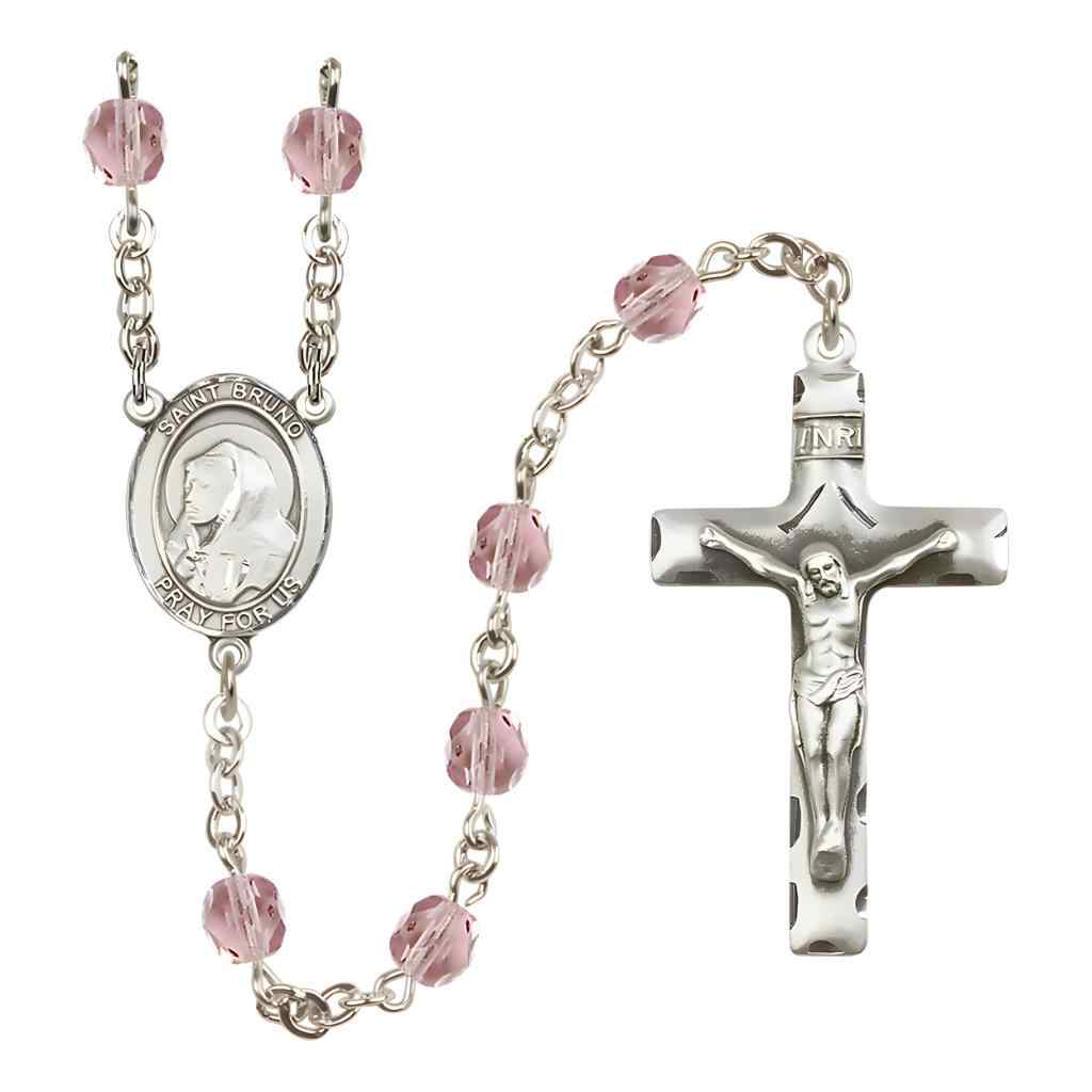 Saint Bruno Silver-plated Rosary with Pewter Crucifix and Centerpiece, Birthstone 6mm Fire Polished Light Amethyst Beads for June