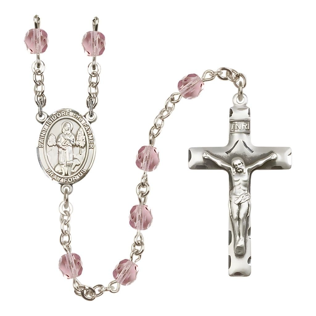 Bliss St. Isidore the Farmer Engravable Rosary with Pewter Crucifix and Centerpiece, Birthstone 6mm Fire Polished Light Amethyst Beads for June