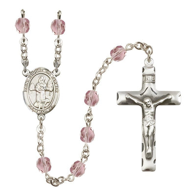 St. Isidore the Farmer Engravable Rosary with Pewter Crucifix and Centerpiece, Birthstone 6mm Fire Polished Light Amethyst Beads for June, Bliss Manufacturing