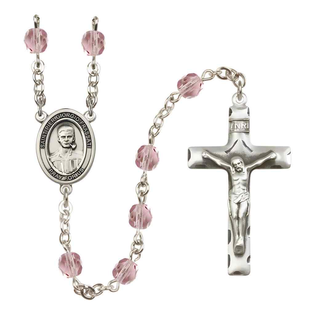 Saint Pier Giorgio Frassati Silver-plated Rosary with Traditional Traditional Pewter Crucifix and Centerpiece, Birthstone 6mm Fire Polished Light Amethyst Beads for June