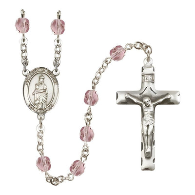 Catholic Our Lady of Victory Birthstone 6mm Light Amethyst Fire Polished Silver-plated Rosary with Pewter Centerpiece and Crucifix, Bliss Manufacturing