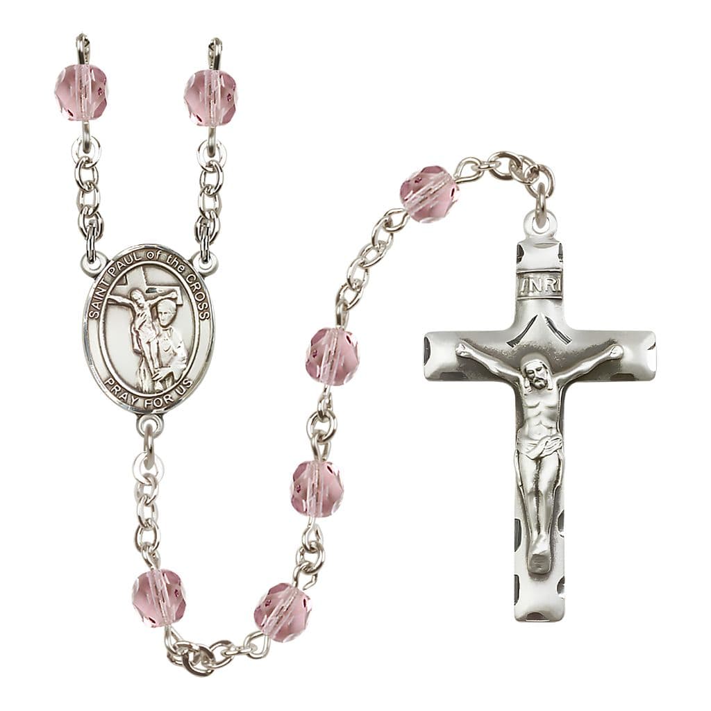 Bliss St. Paul of the Cross Engravable Rosary with Pewter Crucifix and Centerpiece, Birthstone 6mm Fire Polished Light Amethyst Beads for June