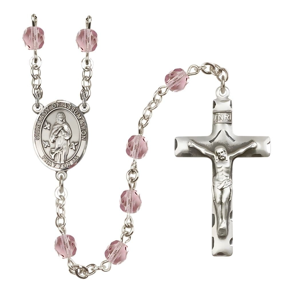 Our Lady of Assumption Engraved Birthstone 6mm Light Amethyst Fire Polished Silver-plated Rosary with Pewter Centerpiece and Crucifix