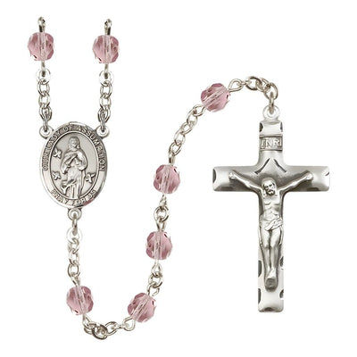 Our Lady of Assumption Engraved Birthstone 6mm Light Amethyst Fire Polished Silver-plated Rosary with Pewter Centerpiece and Crucifix, Bliss Manufacturing