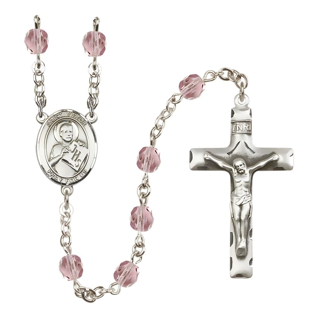 Bliss St. Viator of Bergamo Engravable Rosary with Pewter Crucifix and Centerpiece, Birthstone 6mm Fire Polished Light Amethyst Beads for June