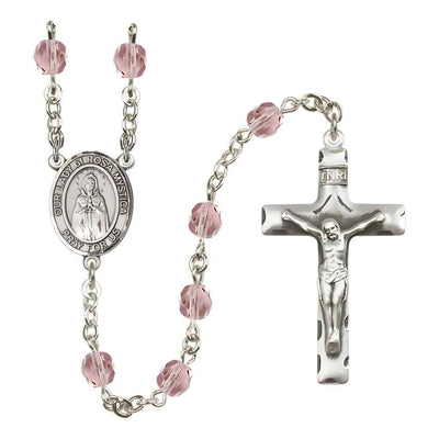 Our Lady of Rosa Mystica Rosary with Pewter Crucifix and Centerpiece, Birthstone 6mm Fire Polished Light Amethyst Beads for June