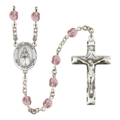 Spanish Rosa Mystica Silver-plated Rosary with Pewter Crucifix and Centerpiece, Birthstone 6mm Fire Polished Light Amethyst Beads for June