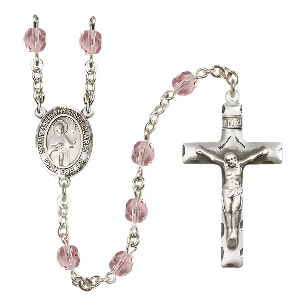 Saint Anthony Mary Claret Silver-plated Rosary with Pewter Crucifix and Centerpiece, Birthstone 6mm Fire Polished Light Amethyst Beads for June
