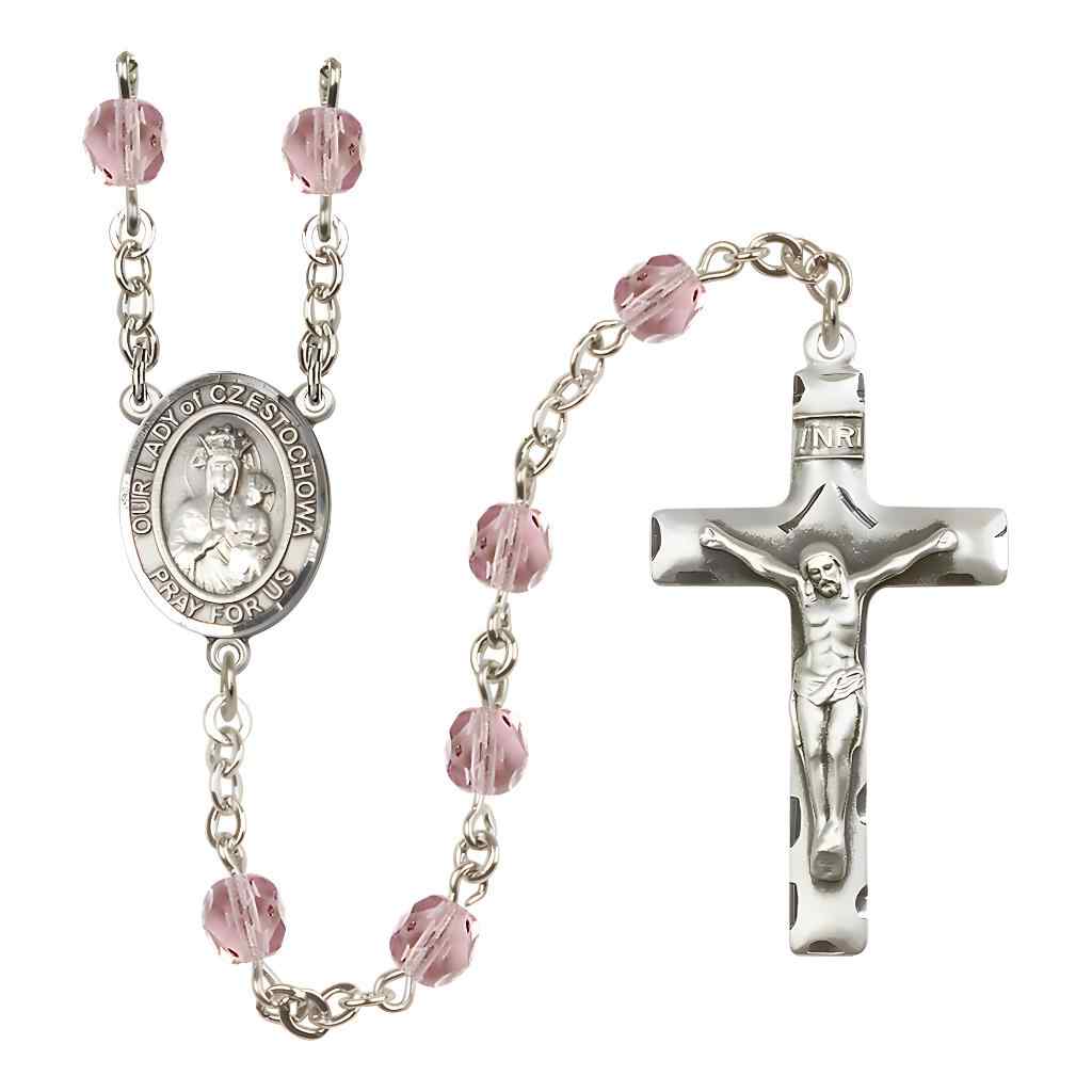 Our Lady of Czestochowa Silver-plated Rosary with Pewter Crucifix and Centerpiece, Birthstone 6mm Fire Polished Light Amethyst Beads for June