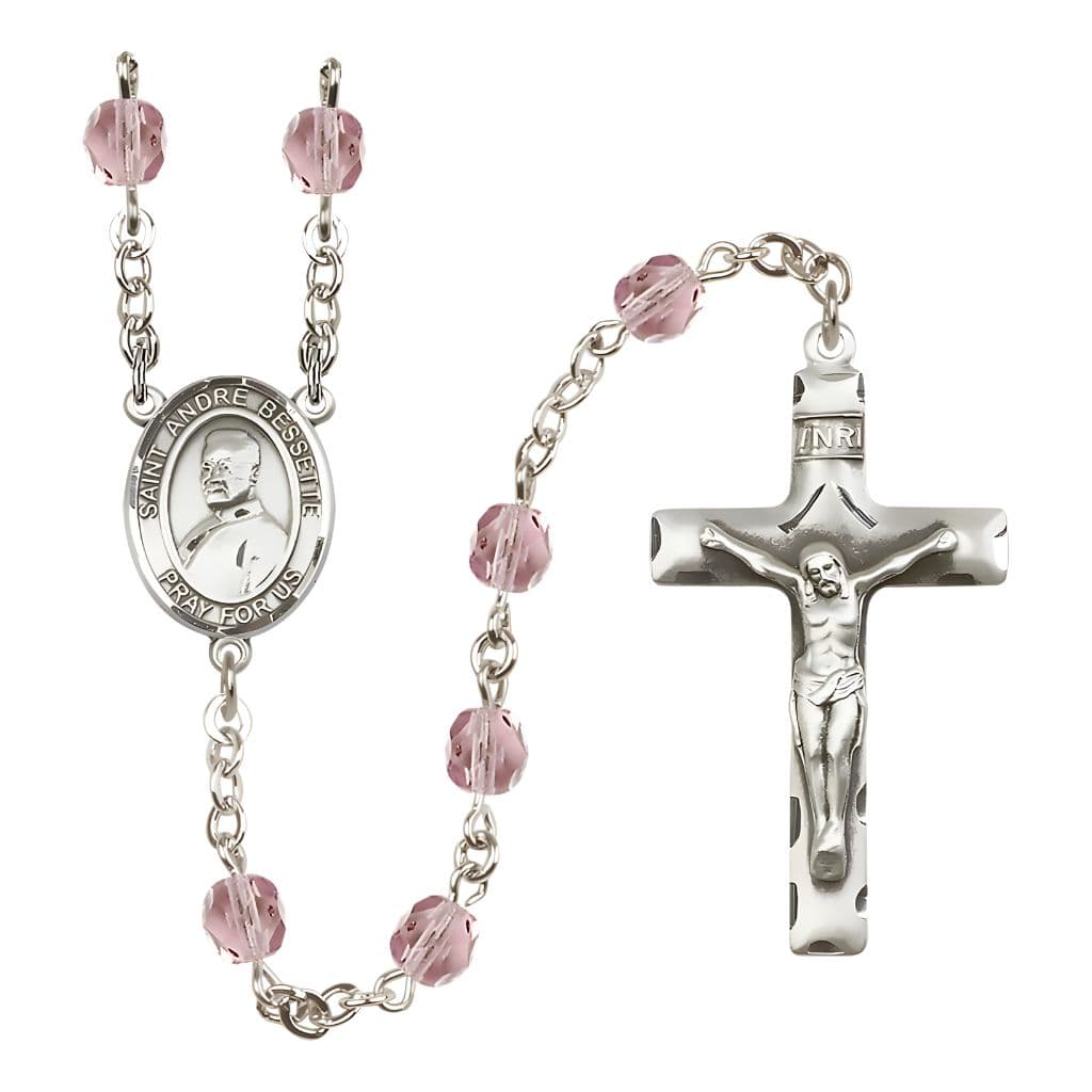 Bliss St. Andre Bessette Engravable Rosary with Pewter Crucifix and Centerpiece, Birthstone 6mm Fire Polished Light Amethyst Beads for June