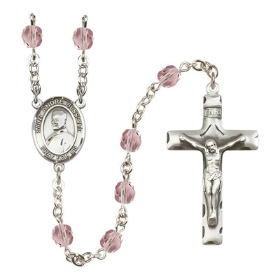 St. Andre Bessette Engravable Rosary with Pewter Crucifix and Centerpiece, Birthstone 6mm Fire Polished Light Amethyst Beads for June, Bliss Manufacturing