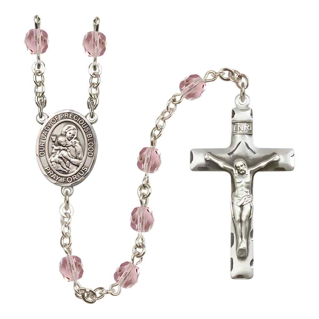 Our Lady of the Precious Blood Rosary with Pewter Traditional Crucifix and Oval Centerpiece, Birthstone 6mm Fire Polished Light Amethyst Beads for June