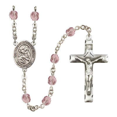 Our Lady of the Precious Blood Rosary with Pewter Traditional Crucifix and Oval Centerpiece, Birthstone 6mm Fire Polished Light Amethyst Beads for June