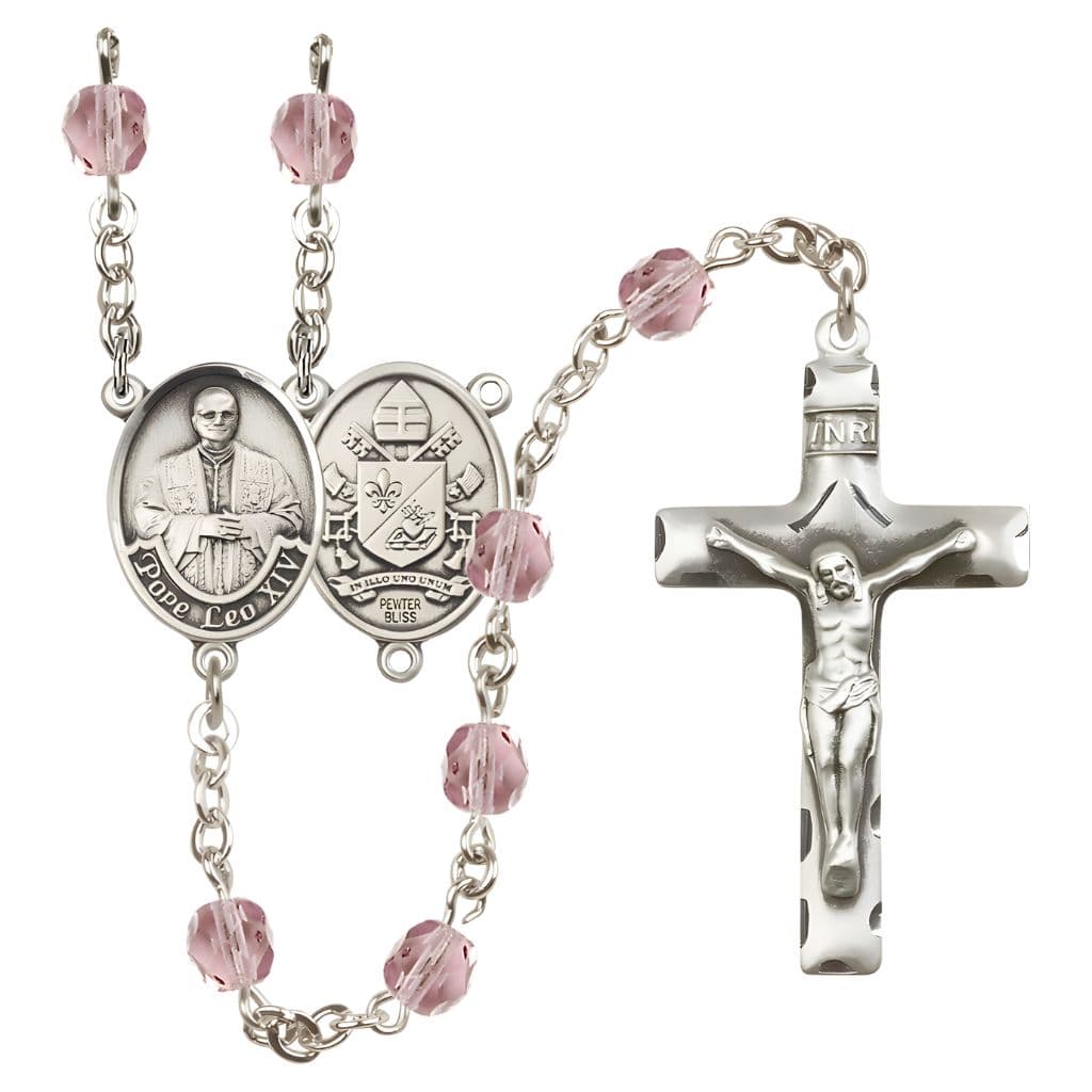 Bliss Pope Leo XIV Birthstone Engravable Rosary with Pewter Center and Crucifix, 6mm Fire Polished Beads in Light Amethyst for June