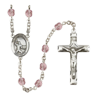 Guardian Angel Football Engravable Rosary with Pewter Crucifix and Centerpiece, Birthstone 6mm Fire Polished Light Amethyst Beads for June, Bliss Manufacturing