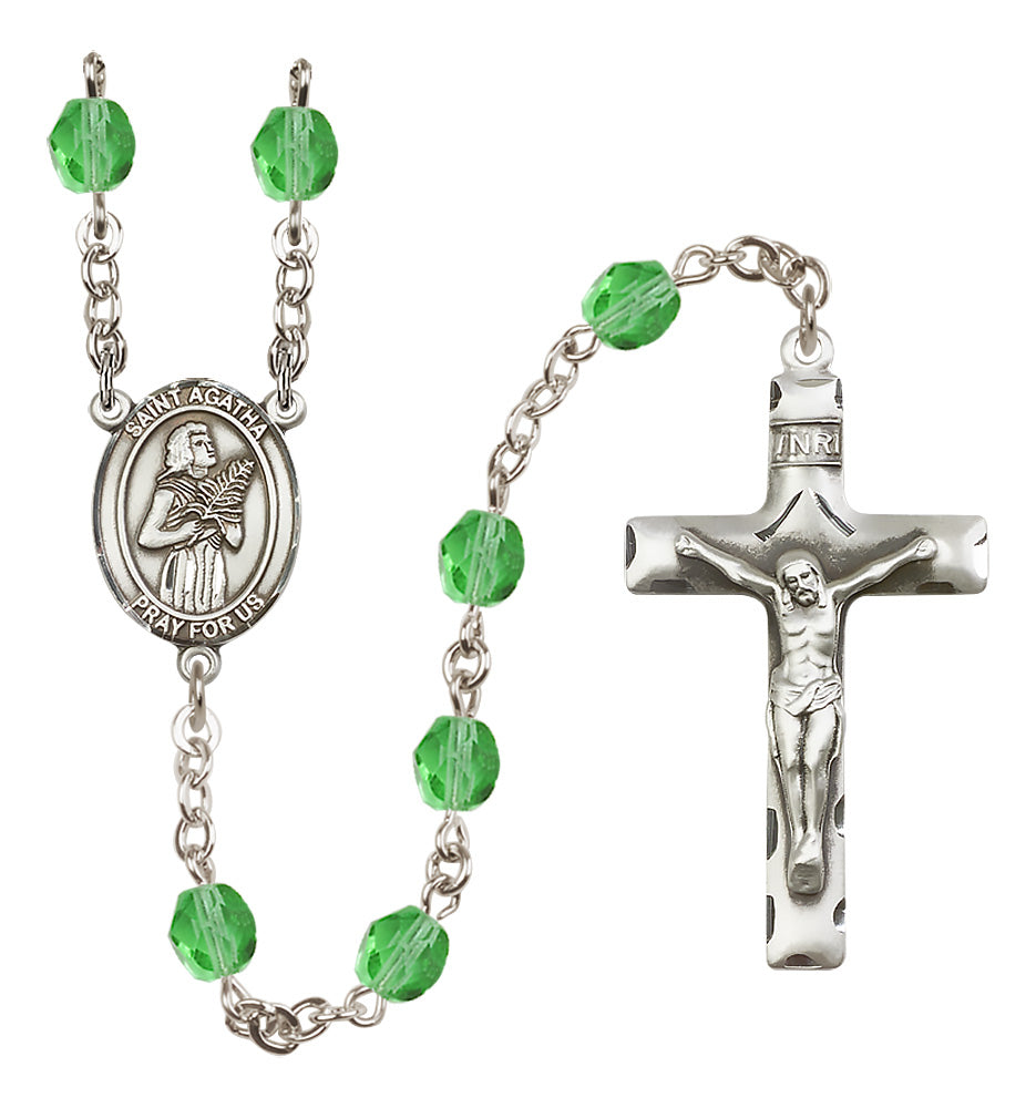 Bliss Silver Plated 6mm Fire Polished Saint Agatha Rosary in Peridot,