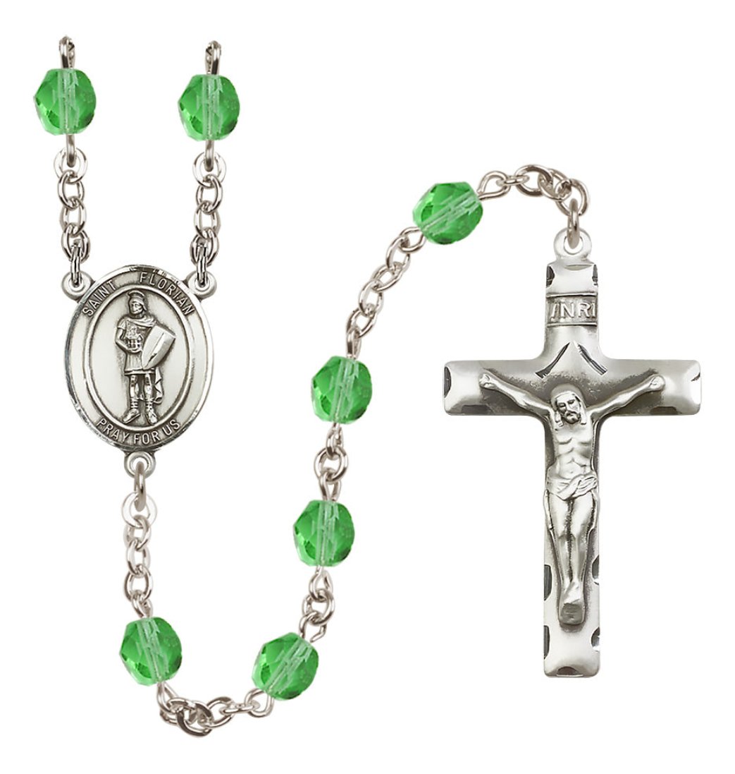 Bliss Oval St Florian Center Silver-Plated Crystal Birthstone Rosary in Peridot August Birthstone,