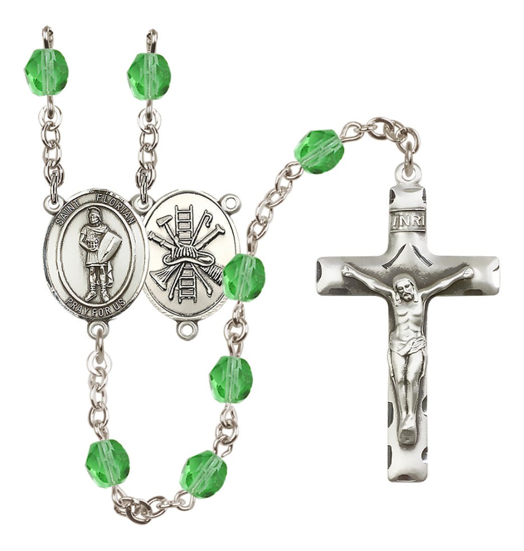 Bliss St Florian w/Firefighter Center Silver-Plated Peridot Crystal August Birthstone Rosary,