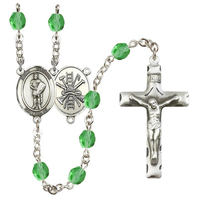 St Florian w/Firefighter Center Silver-Plated Peridot Crystal August Birthstone Rosary, Bliss Manufacturing