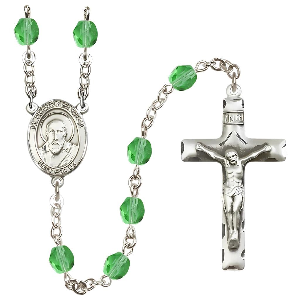 St. Francis de Sales 6mm Peridot Silver-Plated Catholic Rosary, handmade in the USA,