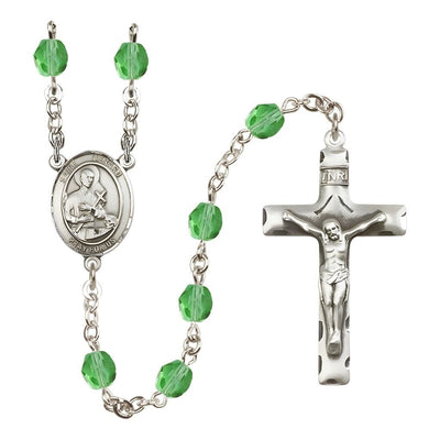 St. Gerard Majella Engravable Rosary with Pewter Crucifix and Centerpiece, Birthstone 6mm Fire Polished Peridot Beads for August, Bliss Manufacturing