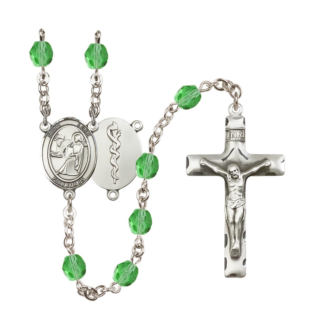 Bliss St Luke the Apostle Doctor Silver-Plated Crystal Birthstone Rosary in Peridot,