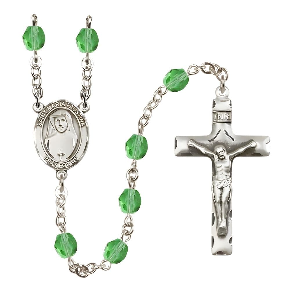 Bliss St. Maria Faustina Engraved Birthstone 6mm Peridot Fire Polished Silver-plated Rosary with Pewter Centerpiece and Crucifix,