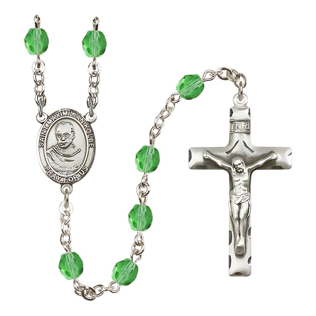 St. Maximilian Kolbe Birthstone Fire Polished Rosary with 6mm Peridot Beads and Pewter Center and Crucifix,