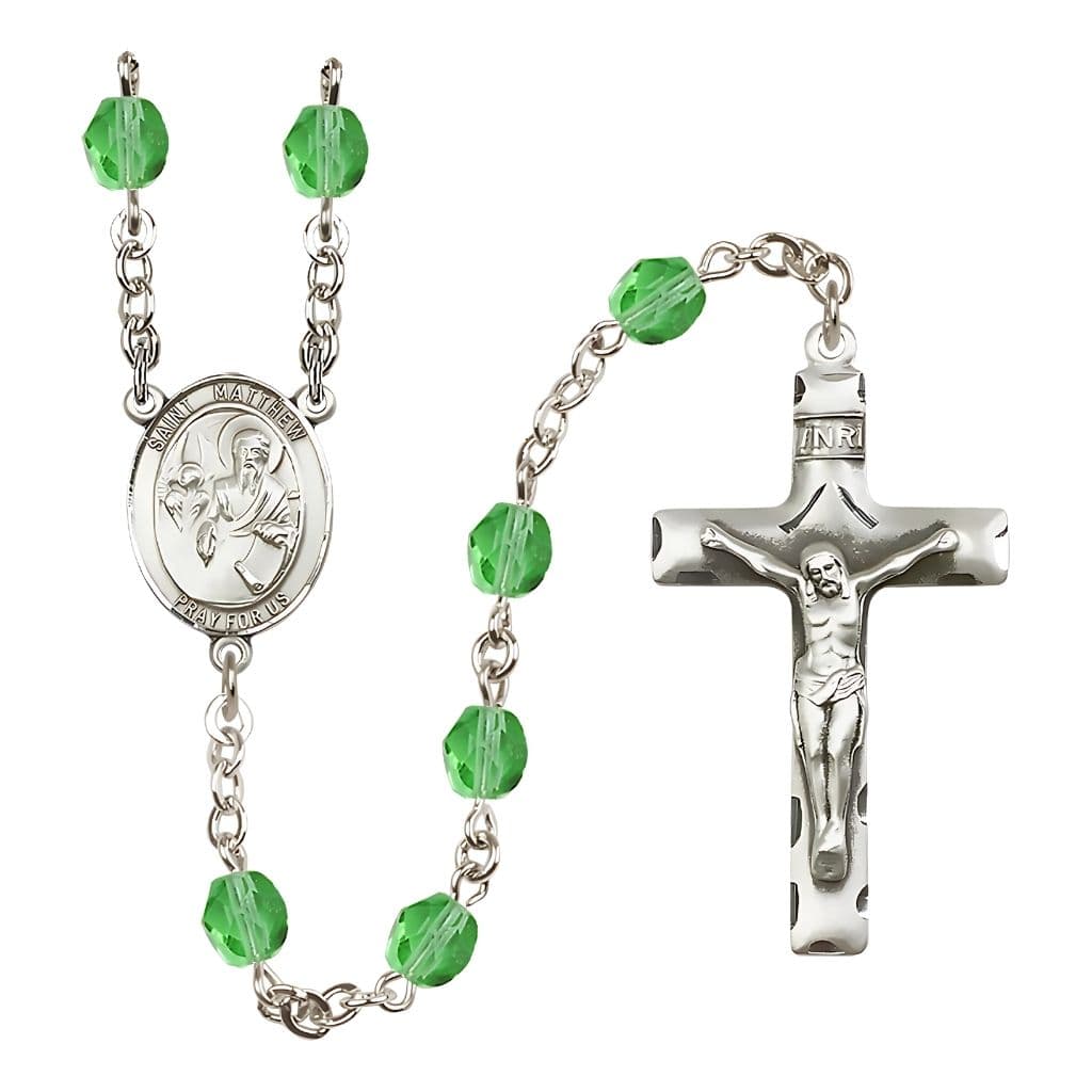 Bliss St. Matthew the Apostle Engraved Birthstone 6mm Fire Polished Rosary in Peridot