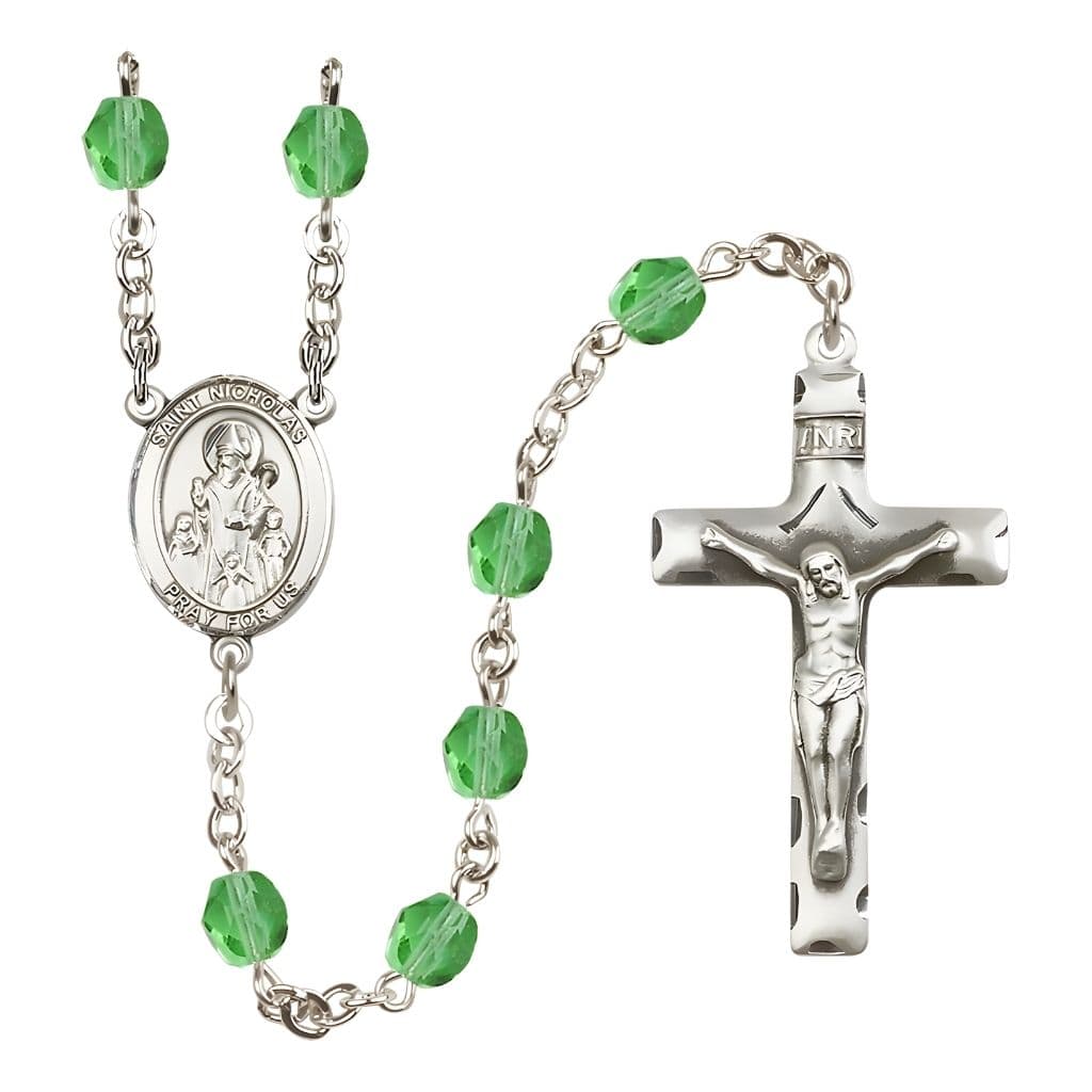 Bliss St. Nicholas Engravable Rosary with Pewter Centerpiece and Crucifix, August Birthstone 6mm Peridot Fire Polish Beads
